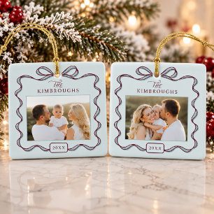 Custom Bow Double Sided 2 Photo Family Christmas Ceramic Ornament