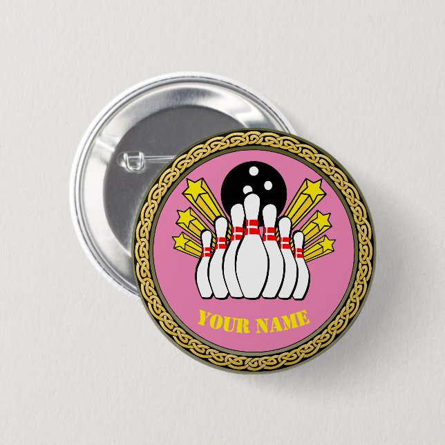 Custom Bowling - Add Name - Pink 6 Cm Round Badge (Front & Back)