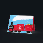Custom boy 2nd birthday train card<br><div class="desc">A custom 2nd birthday train card. The design shows a bright red train full of gifts. The locomotive has custom text for the name of the boy, their age and the place where the child lives. The perfect card for a railway loving parent to give their son or for a...</div>