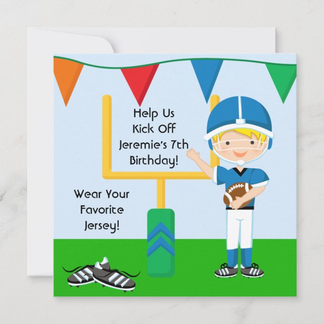 Custom Boy in Blue Football Birthday Invitation (Front)