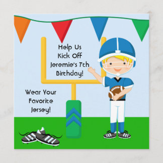 Custom Boy in Blue Football Birthday Invitation