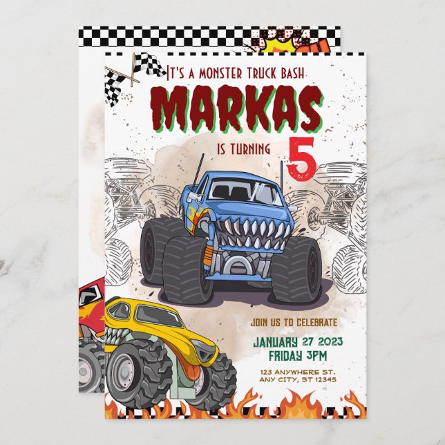 Custom Boy Monster Truck Birthday Party Invitation (Front/Back)