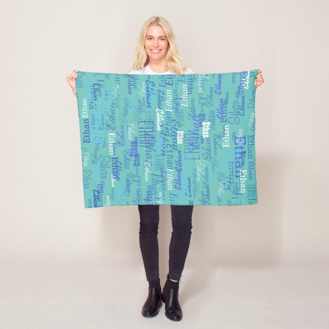 Custom Boy Name Personalised Light-Teal Blue  Fleece Blanket (In Situ)