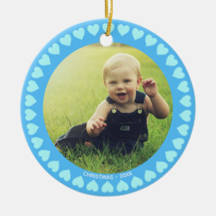 Custom Boy Photo & Hearts on Light Blue Christmas Ceramic Tree Decoration