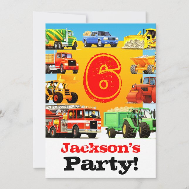 Custom Boy's 6th Birthday Construction Truck Party Invitation (Front)