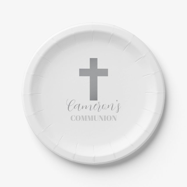Custom Boys Cross Communion Collection Paper Plate (Front)