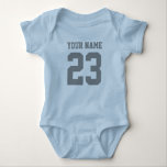 Custom boys sports football jersey baby romper baby bodysuit<br><div class="desc">Personalised football jersey number baby romper. Custom sports baby clothing for infant boys and girls. Personalizable one piece creeper with name of newborn child. Cute gift idea for 1st Birthday or baby shower party. Sporty striped sleeves unisex baby suit. Available in blue, green, pink, grey and white. Neutral design. Make...</div>