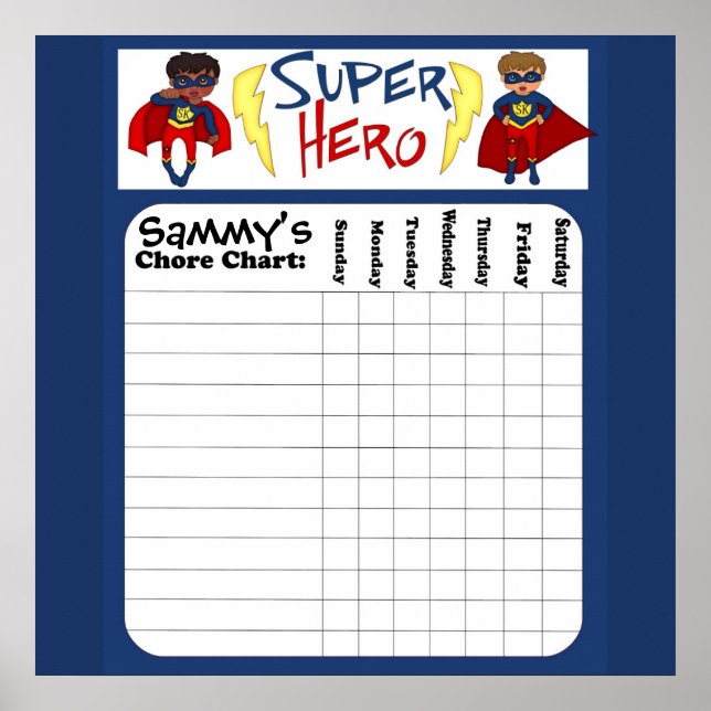 Custom Boys Superhero Chore Chart Poster (Front)