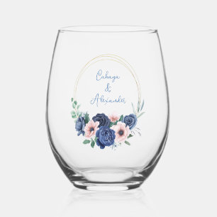 Custom Branded Blue Floral Wedding  Stemless Wine Glass