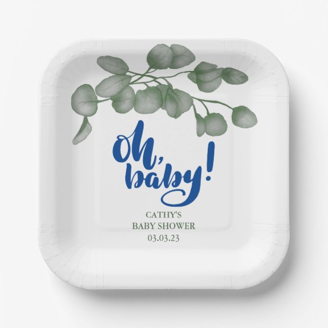 Custom Branded Greenery Oh Baby | Baby Shower 9"  Paper Plate (Front)