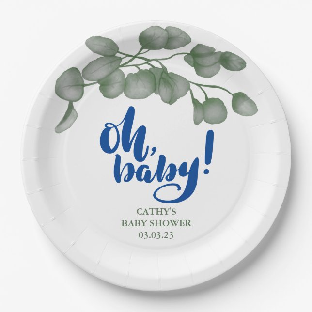 Custom Branded Greenery Oh Baby | Baby Shower  Paper Plate (Front)