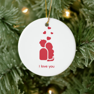Custom Branded Red White Simple Couple and Heart Ceramic Tree Decoration