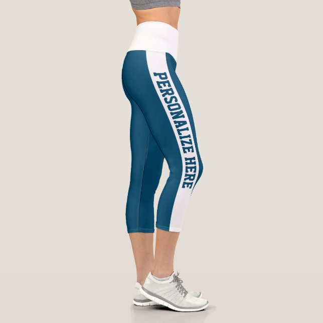 Custom Branded Striped Capri Prussian Blue & White Leggings (Right)