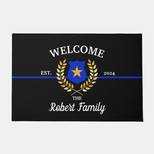Custom Branded Thin Blue Line Police Badge Welcome Doormat (Front)