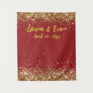 Custom Brick Red Gold Glitter Wedding Photo Booth Tapestry