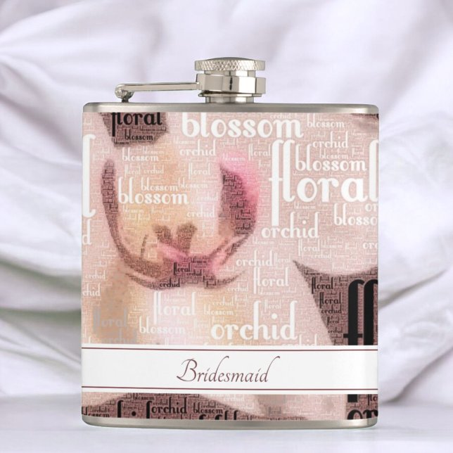 Custom Bridal Party Rose Gold Orchid Floral Hip Flask (Flask front with template text)