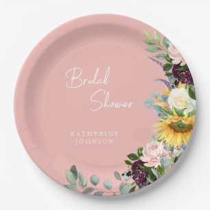 Custom Bridal Shower Blush Floral Sunflower  Paper Plate