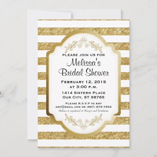 Custom Bridal Shower Invitation, Gold Stripes Invitation (Front)