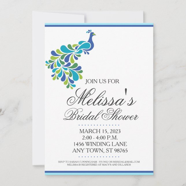 Custom Bridal Shower Invite, Beautiful Peacock Invitation (Front)