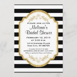 Custom Bridal Shower Invite, Black Stripes, Gold Invitation