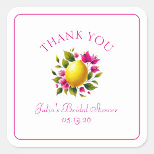 Custom Bridal Shower Lemon Pink Floral Thank You Square Sticker