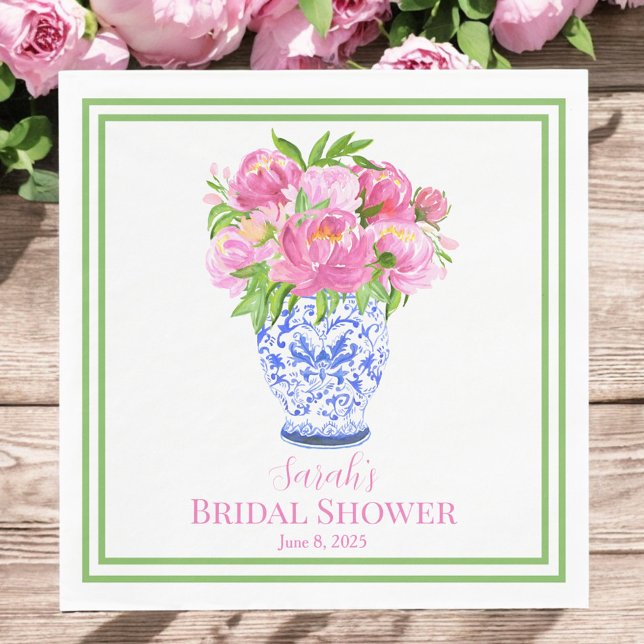 Custom Bridal Shower Pink Peonies Chinoserie Vase Napkin (Creator Uploaded)