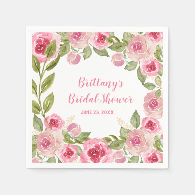 Custom Bridal Shower Wild Pink Roses Greenery  Napkin (Front)