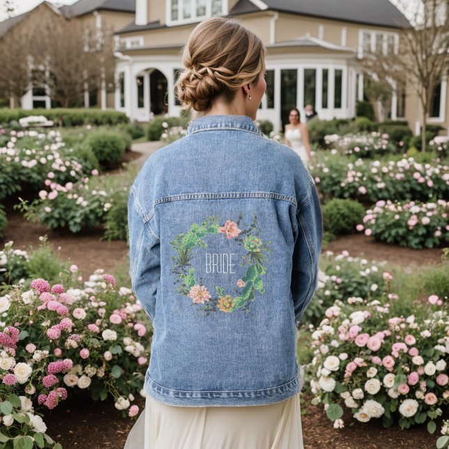 Custom Bride Floral Watercolor Wildflower Boho Denim Jacket (Wedding Back)
