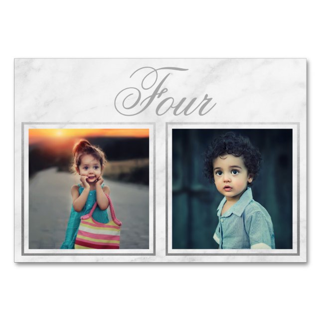 Custom Bride Groom Age Marble Silver Table Number (Front)