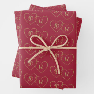 Custom Bride & Groom Gold Heart Charms on Burgundy Wrapping Paper Sheet