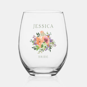 Custom BRIDE Name Watercolor Orange Floral Stemless Wine Glass