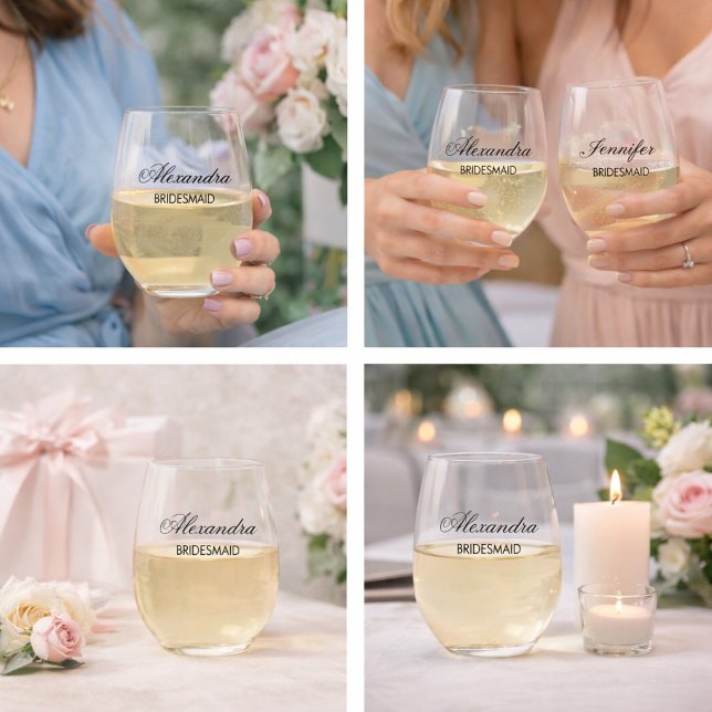 Custom Bridesmaid Elegant Script Black Minimal Stemless Wine Glass (Custom Bridesmaid Elegant Script Black Minimal Stemless Wine Glass)