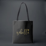 Custom Bridesmaid Gold Script Name Black Tote Bag<br><div class="desc">A chic modern black bag with gold script name and heart that's perfect for a bridesmaid proposal. Your bridesmaids can fill their tote with essentials for Bachelorette Party trips,  or for essentials to bring on the morning of the wedding.</div>