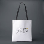 Custom Bridesmaid Script Name  Tote Bag<br><div class="desc">A chic modern white bag with black script name and gold heart that's perfect for a bridesmaid proposal. Your bridesmaids can fill their tote with essentials for Bachelorette Party trips,  or for essentials to bring on the morning of the wedding.</div>