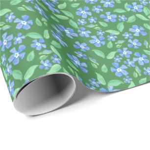 Custom Bright Blue Periwinkles on Green Floral Wrapping Paper