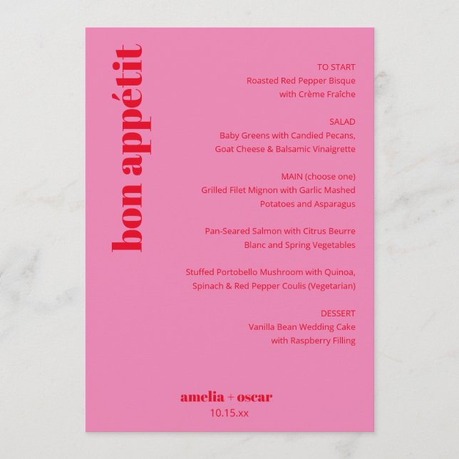 Custom Bright Bold Pink and Red Modern Wedding Menu (Front)