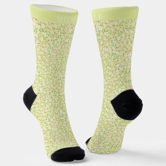 Custom Bright Lemon Yellow Floral Green Pattern Socks (Angled)