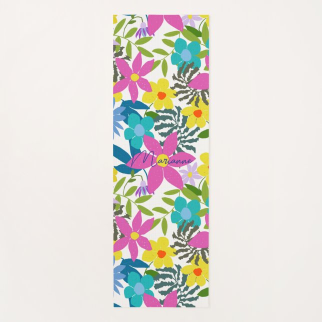 Custom bright modern tropical floral Yoga Mat (Front)