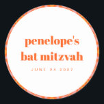 Custom Bright Orange Retro Typography Bat Mitzvah Classic Round Sticker<br><div class="desc">Custom Bright Orange Retro Typography Bat Mitzvah Name Classic Round Sticker</div>