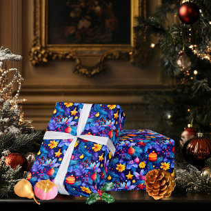 Custom Bright Ornaments and Floral Christmas Wrap Wrapping Paper