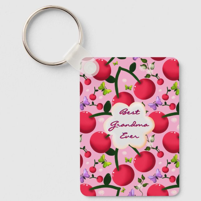 Custom Bright Pink Floral Cherry Pattern gift Key Ring (Front)