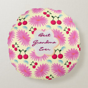 Custom Bright Pink Floral Cherry Pattern  Round Cushion