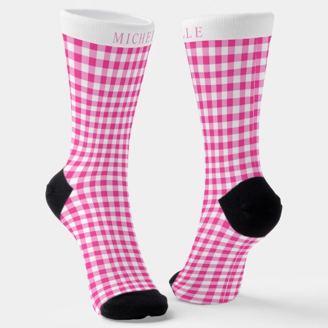 Custom Bright PInk White Chequered Pattern Socks (Angled)