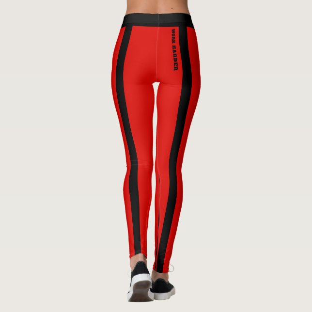 Custom Bright Red & Black Stripes Leggings (Back)