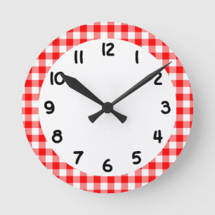 Custom Bright Red Gingham Round Clock