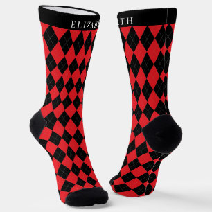 Custom Bright Red Pink Black Argyle Pattern Socks