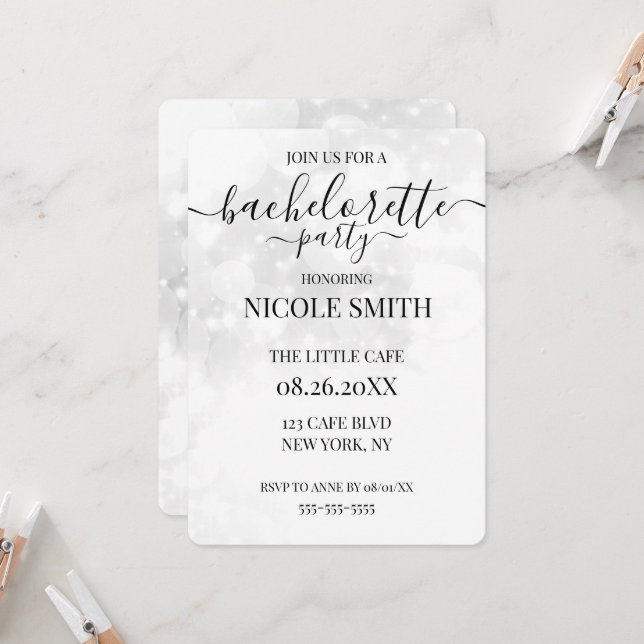 Custom Bright White Bokeh Bachelorette Party Invitation (Front/Back In Situ)