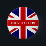 Custom British Union Jack badge pin buttons<br><div class="desc">Custom British Union Jack badge pin buttons. English pride design with UnionJack flag. UK United Kingdom,  GB Great Britain. Make your own pins for Birthday party celebrations and national holiday events. Add your own name,  funny quote or saying.</div>