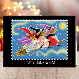Custom Broomstick Mice Witches Halloween Card