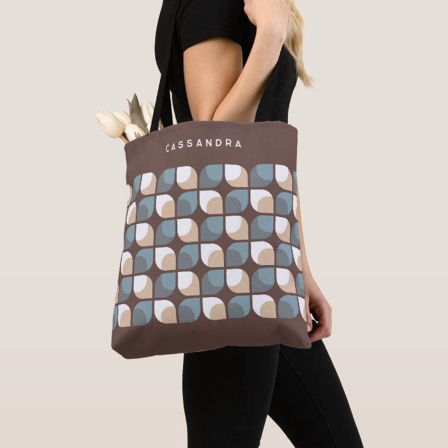Custom Brown Beige Grey Blue Retro Art Pattern Tote Bag (Close Up)
